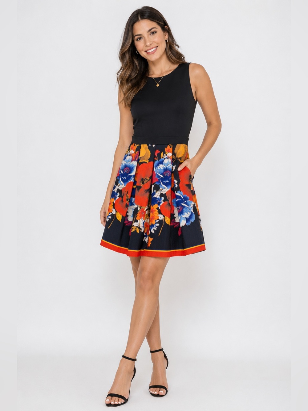 Gabby Skye Black Midi Dress with Bold Red, Blue & Orange Floral Skirt